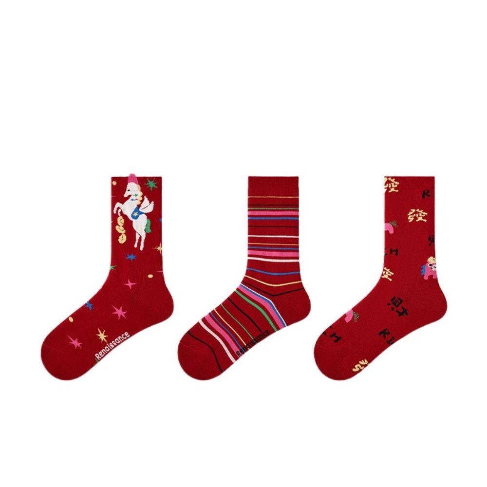 3Pairs Cartoon New Year Tube Socks Mid Calf Zodiac Year Socks Funny Red Cotton Socks Gift