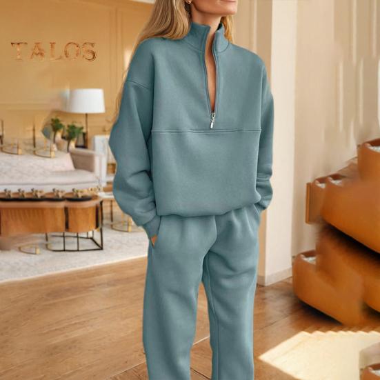 2 Pcs/Set Women Top Pants Set Half Zipper High Collar Long Sleeve Thickened Sweatshirt Stretchy Waist Ankle-banded Trousers Sport Fitness Tracksuit