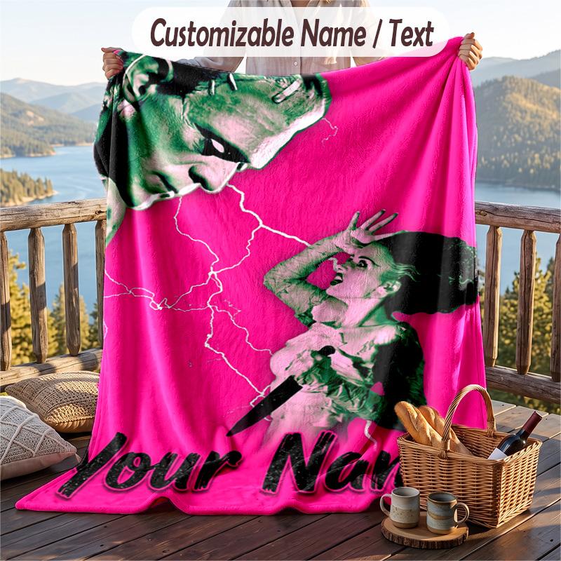 Custom Text Flannel Throw Blanket, Lightweight Cozy Bed Sofa BlanketBride of Frankenstein