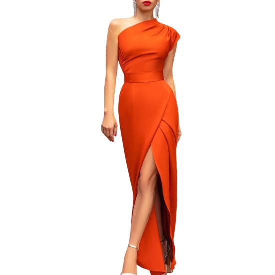 Lady Petticoats Plus Size Women Ball Evening Dress Sleeveless One Shoulder Solid Color Slim Fit Tight Waist Dress-up