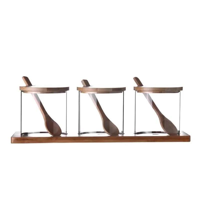 Kitchen Glass Condiment Jar Set Wood Lid with Tray Spoon Clear Seasoning Spice Salt Jar Dust-Proof Coffee Beans Organizer Bottle