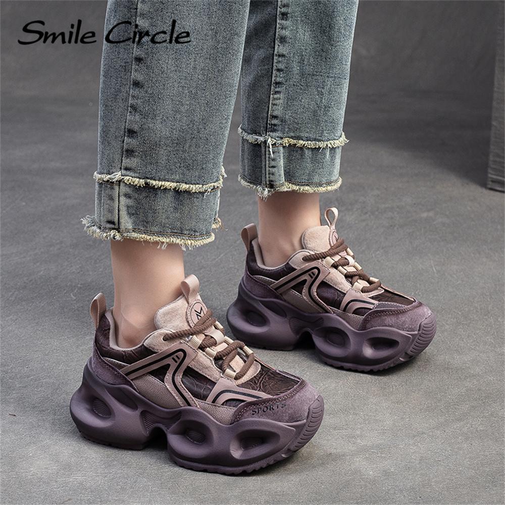 Кроссовки из натуральной кожи с круглым носком и толстой подошвой, удобная модная повседневная обувь