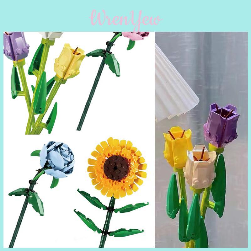Kids Simulate Flowers Gift Decor Model Building Block Toys Rose Sunflower Tulip
