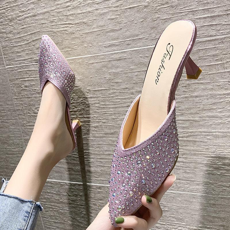 Slides Pink Shoes Crystals Wedding Summer 2024 Mules Women's Slippers and Ladies Sandals Outside Rhenstone Pointed Toe Jewels F