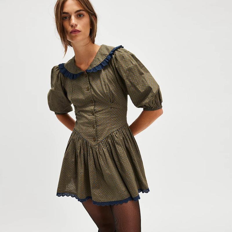 Европейское и американское ретро-платье в горошек с цветочным принтом и подчеркнутой талией, модное новое милое платье с кружевной отделкой и французским воротником-стойкой