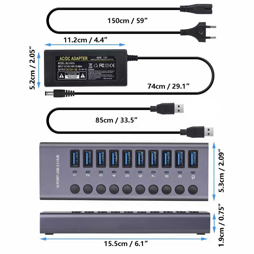 USB 3.0 концентратор розетка коммутатор 10 портов концентратор Multi-tap Multi-ports док-станция зарядное устройство несколько источников питания тип C