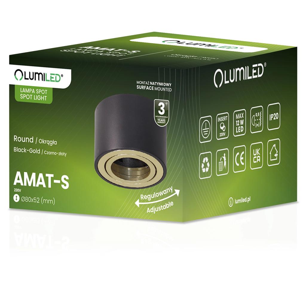 Surface-Mounted Halogen Spot Luminaire, Movable, Amat-S Insert, Round, Black-Gold
