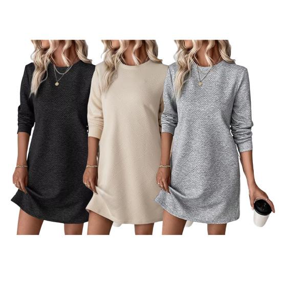 Платье весна-осень с фактурными длинными рукавами и круглым вырезом, однотонное свободное прямое мини-платье, короткое платье-пуловер для поездок на работу, свиданий, путешествий