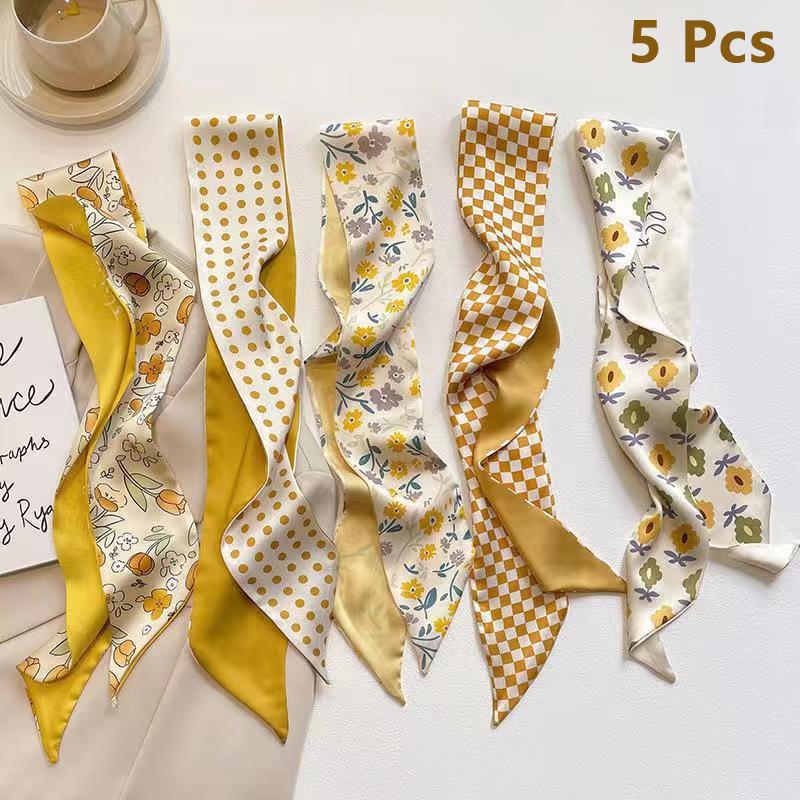 2/5Pcs Retro Yellow Multifunctional Decoration Small Silk Scarf Temperament Headband Long Ribbon Headband Bow Hair Accessories