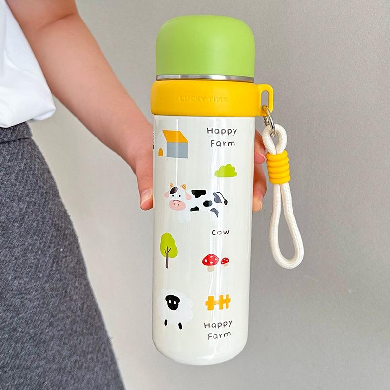 Dual-Use Cartoon Thermos Cup with Cute Rope - Stainless Steel Portable Water Bottle for Girls