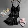 Women V-Neck Eyelash Silk Lace Sexy Stain Camisole Pajamas Bowknot Shorts Set