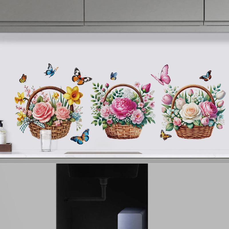 3D Wooden Barrel Wall Sticker Flower Decoration Butterfly Lavender Rose Tile Sticker Kitchen Restaurant Background Home Decor Peel and Stick