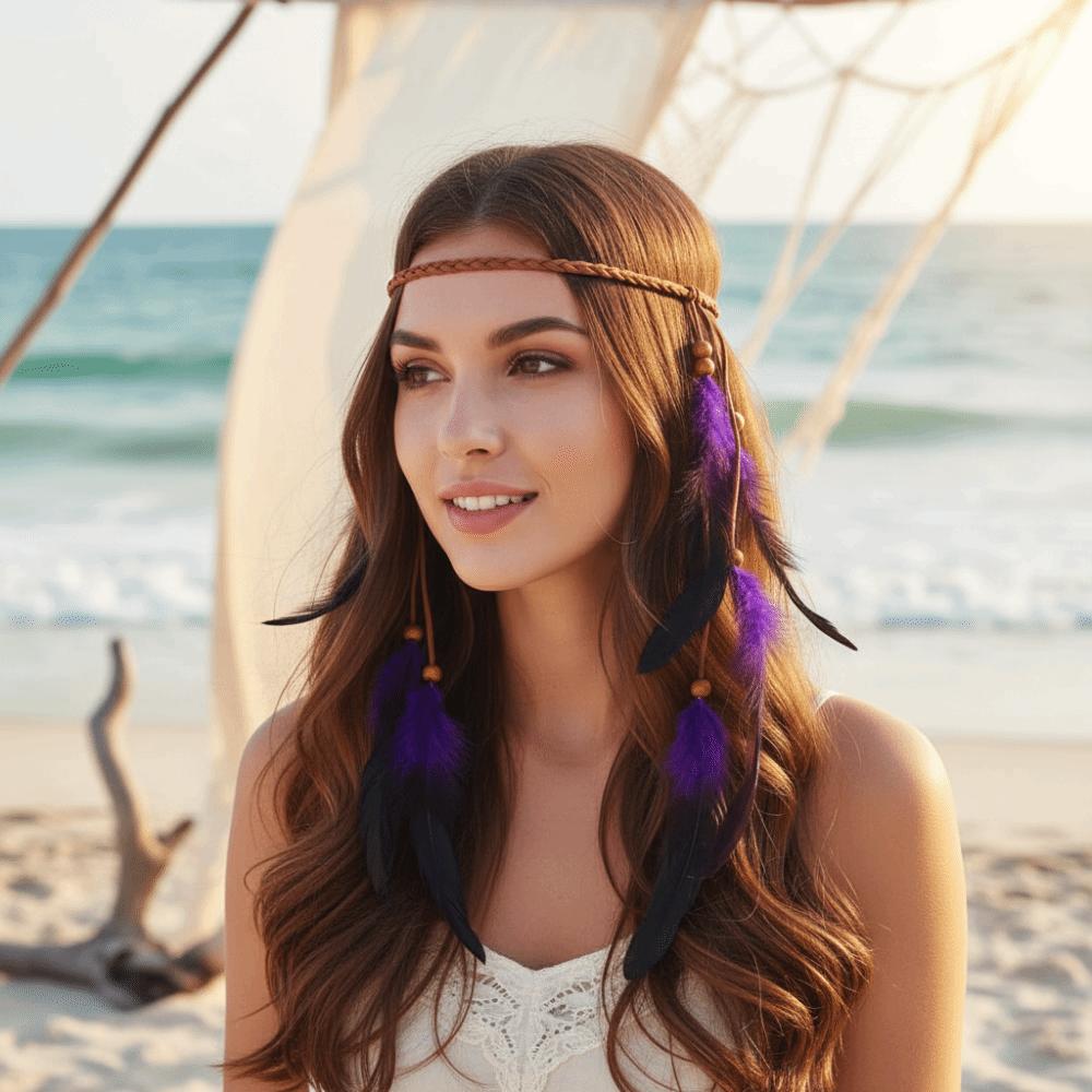Braided Cord Bohemian Tassel Headband Tribal Feather Hair Extensions Western Cowgirl Outfit