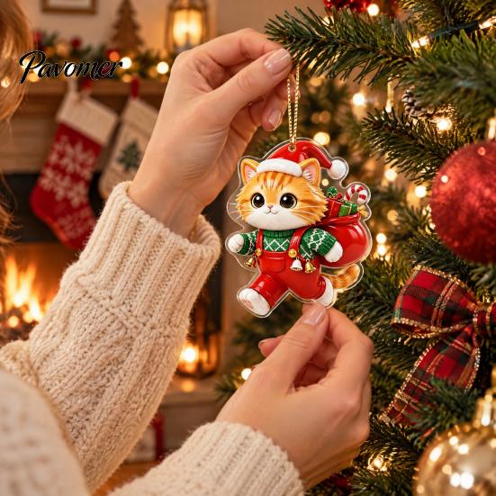 Acrylic Hanging Decor 2 Pcs Christmas Ornament, Crystal Snowman Cat Santa Pattern Decoration, Party Decorations Double Sided 2D Pendant for