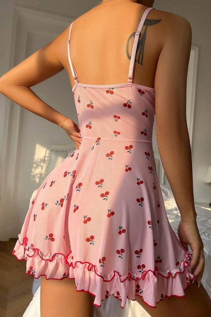 Bella Notte Romantic Pink Cherry Print Strap Thong and Nightgown Cute and Comfortable Women’s Lingerie Set