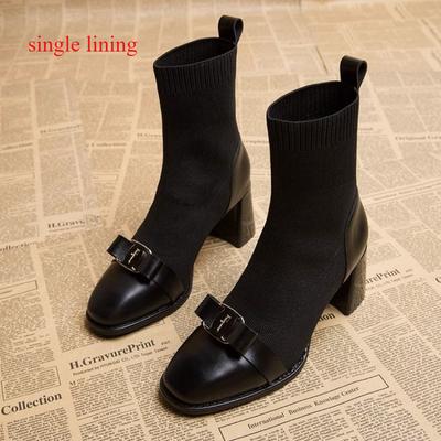 Модные женские вязаные ботильоны с металлическим украшением, утягивающие короткие ботильоны для женщин, осень-зима, элегантные туфли на толстом каблуке для женщин