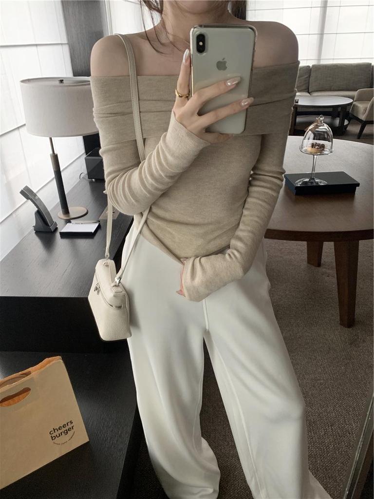 Women's Apricot One-Shoulder Knit Sweater: Soft, Long-Sleeve, Sexy Off-Shoulder Top for Autumn.