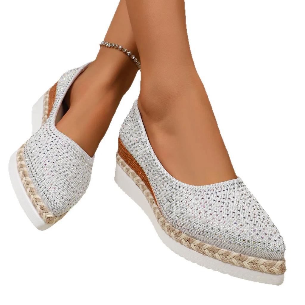 Мода Осень 2025 Новые Большие Размеры Стразы Плоская Подошва Однотонные Заостренный Носок Повседневные Женские Одиночные Туфли Обувь для Ленивых