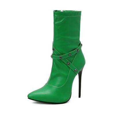 Модные ботильоны-стилетто женские 12 см высокие каблуки ПУ модные осенне-зимние большого размера 34-48 острый носок заклепки украшают обувь