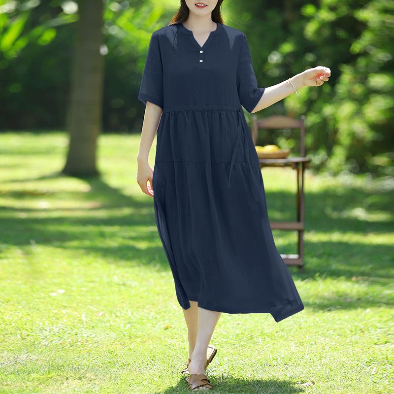 ZANZEA Women Casual V-Neck Half Sleeve Solid Color Loose Long Dress