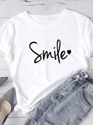 Простой стиль Smile Letter Print Футболка женская с коротким рукавом O-образным вырезом свободная футболка женская футболка топы одежда Camisetas Mujer