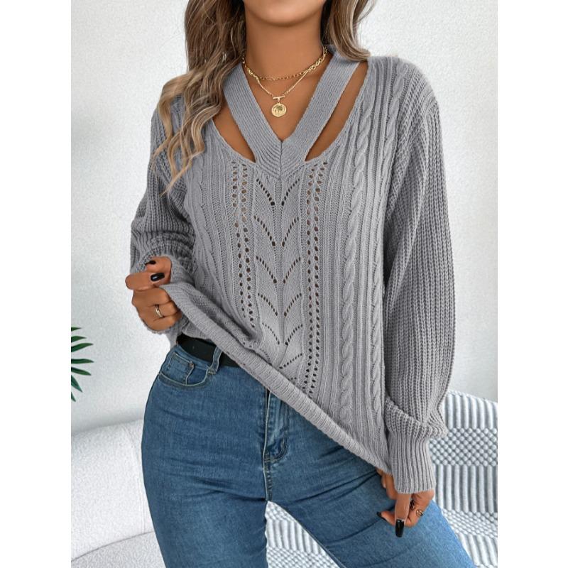Autumn Winter Casual Hollow Out V-neck Twist Pullover Sweater Long Sleeve Casual Fashion Elegant Casual Tops Ladies Office Streetwear Simple Clothing