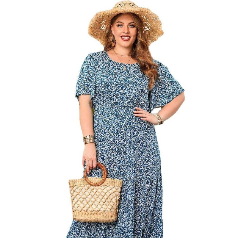 Новое повседневное платье для отпуска с цветочным принтом, круглым вырезом, коротким рукавом, миди-платьями