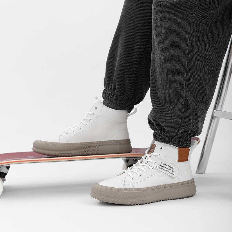 Men's High-Top Leather Sneakers: Autumn/Winter Cowhide Mid-Top White Shoes with Thick Soles.