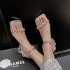 Silver Rhinestone Sandals for Women - 2024 Spring/Summer Collection: Chunky Heel, Open Toe, Transparent Crystal Design.