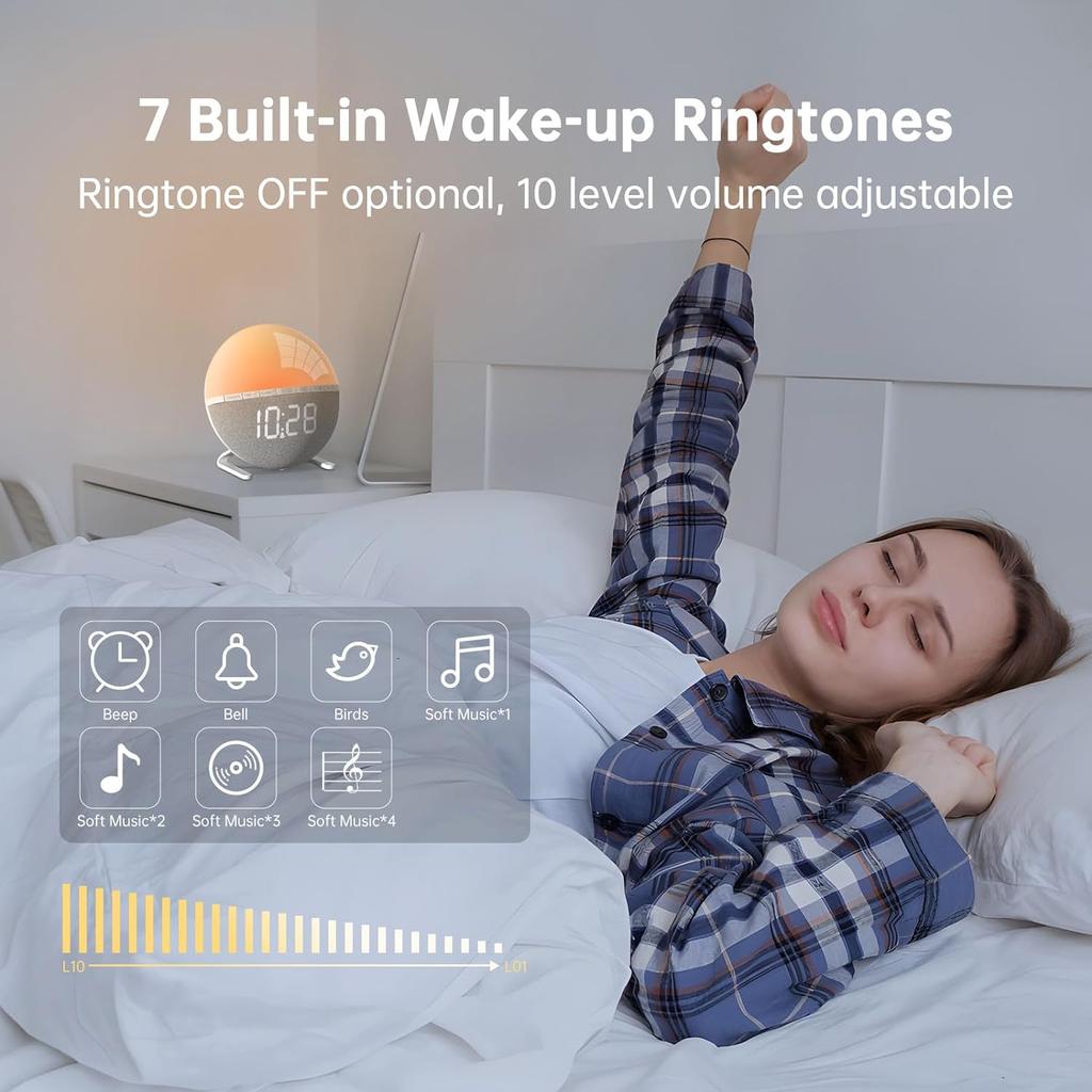 Sunrise Light Alarm Clock Wake Up Light Alarm Clock Snooze 7 Ringtones Sleep Aid 9 Colors Night Light Bedside Table Led Watch