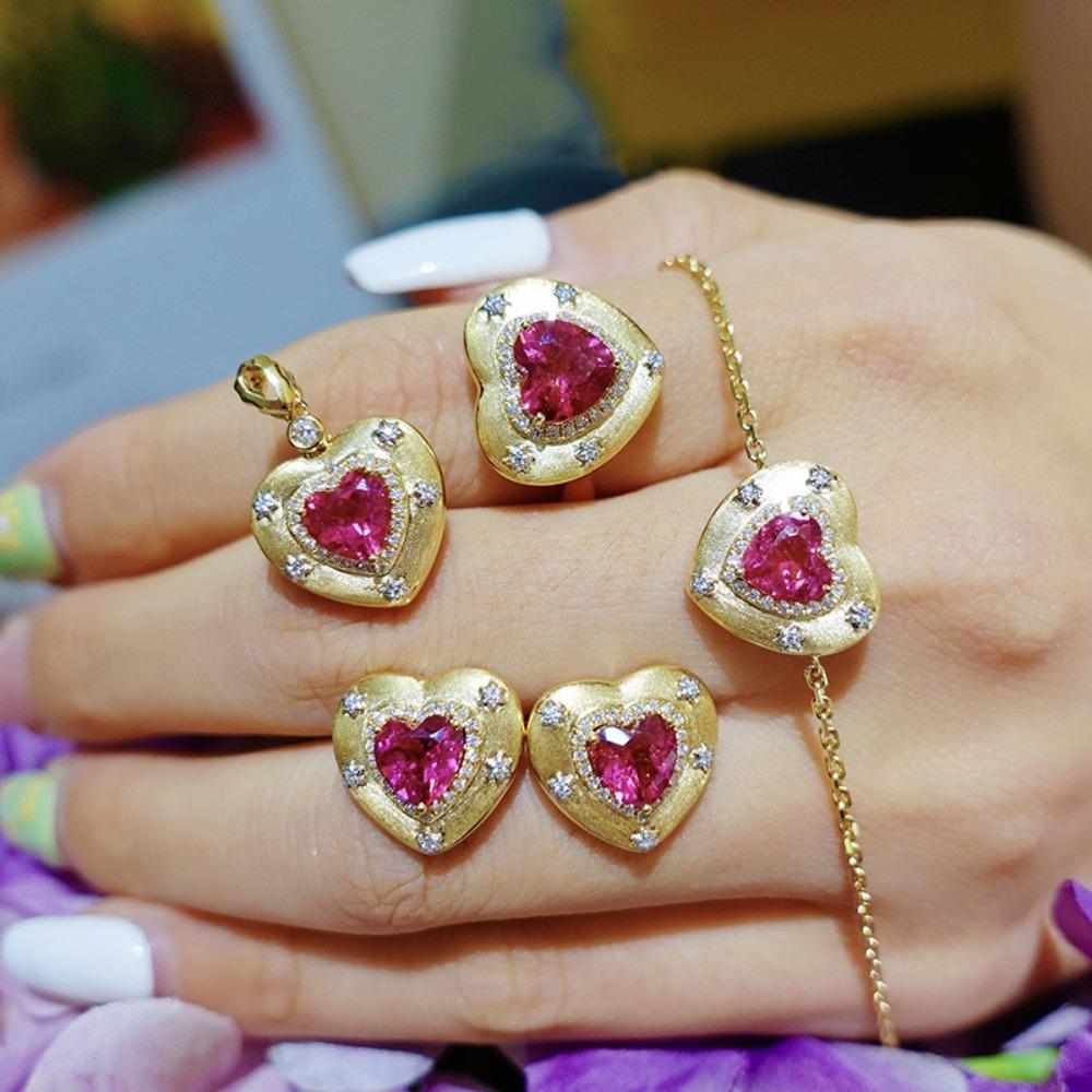 Women Fashion Jewelry Set Italian Gold Plated Heart Ruby Red Necklace Ring Earrings Bracelet Combo