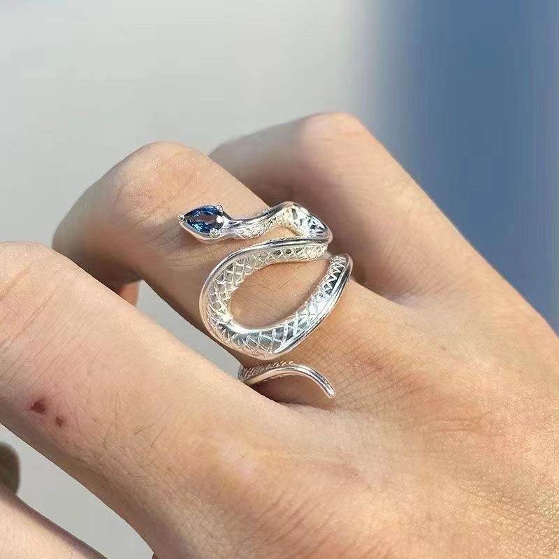 Sea Blue Topaz Snake Opening Ring with Creative Niche Design, Ins Cool Style Ring
