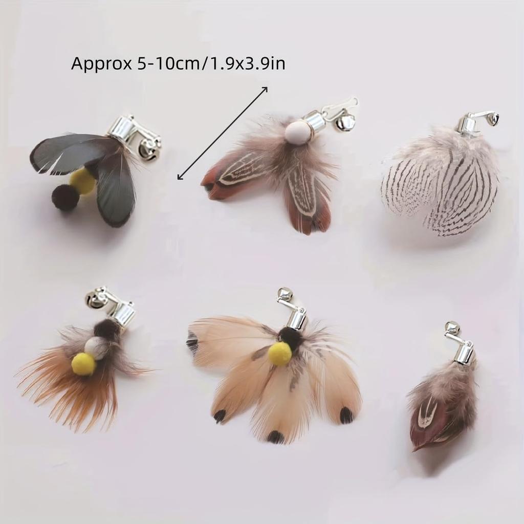 Cat ect Feather Toy Wand Replacement,Cat Toys Feather Refills,Set of 6 Replacement Heads with Bells,Natural Feather Interactive Cat Toys (Style A)