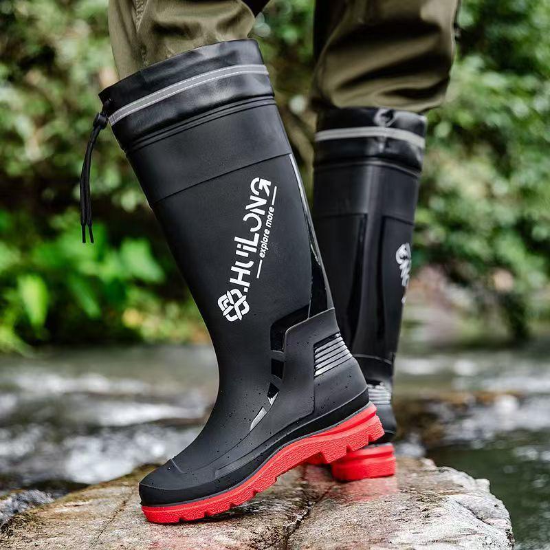 Stylish Men's Non-Slip Waterproof High-Top Rain Boots with Drawstring - Long Tube Fishing Wear-Resistant
