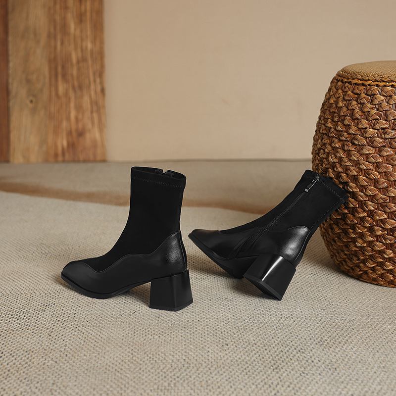 Krazing Pot Cow Skin Flock Autumn Winter Shoes Big Size Modern Boots Med Heels Patch Work Square Toe Keep Warm Size 43 Ankle Boots