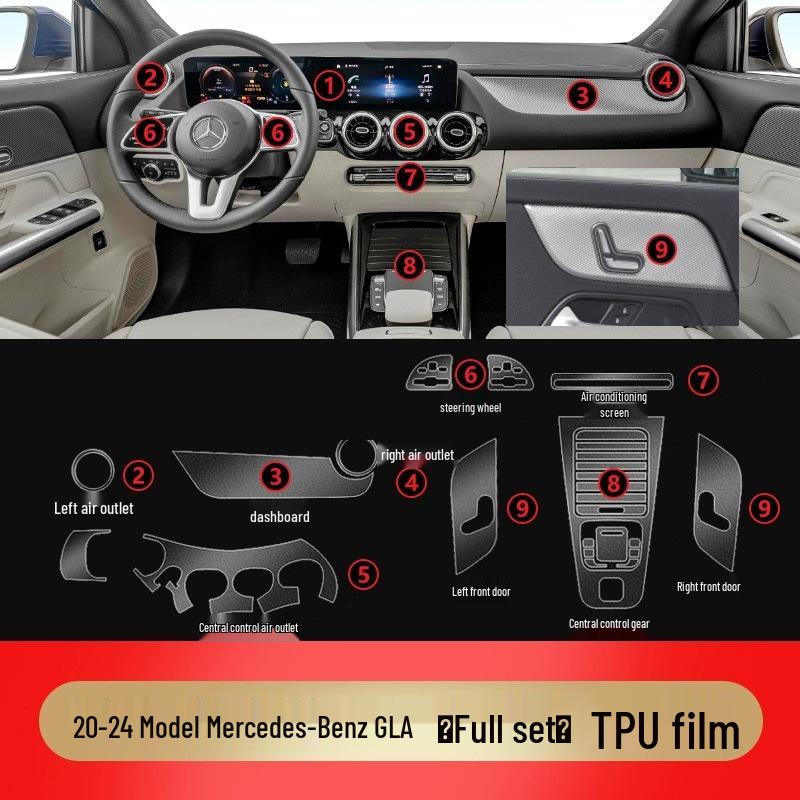 Совместимые внутренние пленки для 25 моделей Mercedes-Benz GLA/GLB: Наклейки на экран навигации, рычаг переключения передач и кондиционер из HD ТПУ.