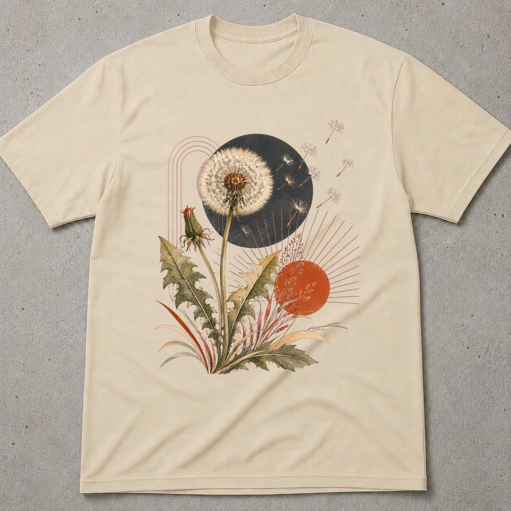 Boho Dandelion Shirt, Celestial Sun Moon Flower Tee, Minimalist Botanical Line Art, Neutral Aesthetic Gift for Her, Modern Wildflower Top