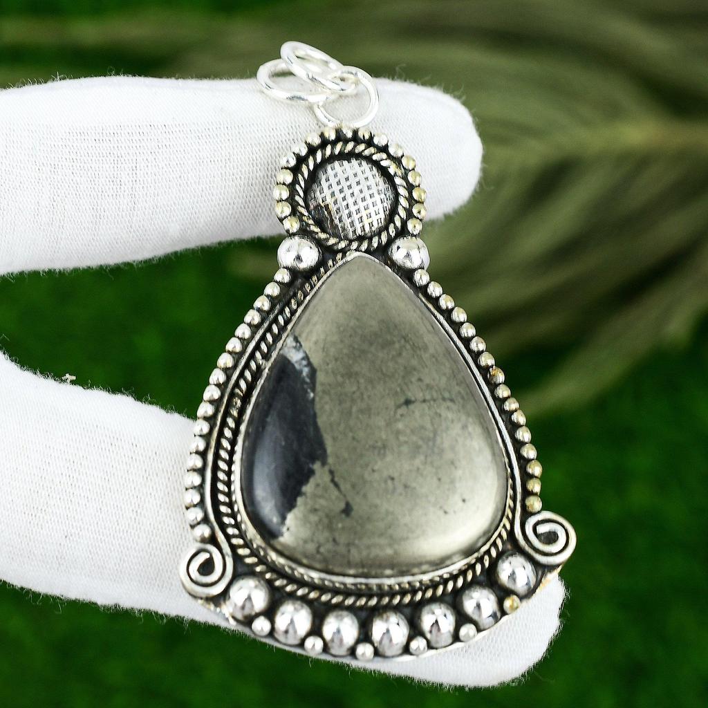 925 Silver Pear Pyrite Stone Solar Chakra Wedding Bezel Sister Pendant Jewelry