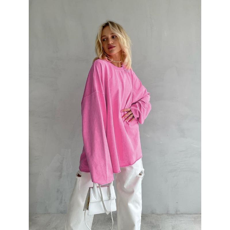 Women S Pink Long Sleeve T Shirt Loose Fit Solid Color Casual Top