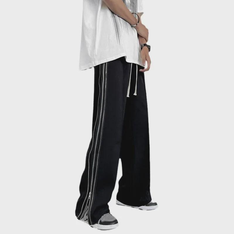 Men's Summer High Street Zipper Pants: Trendy European & American Hip-Hop Style, Loose, Casual, Straight Drape.