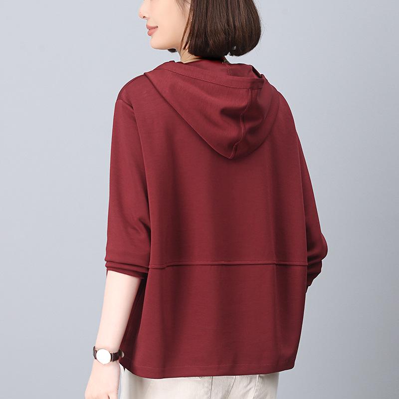 Trendy Hooded Sweatshirt for Middle-Aged Women - Spring/Autumn Patchwork Loose Fit, Plus Size, Long-Sleeve Top