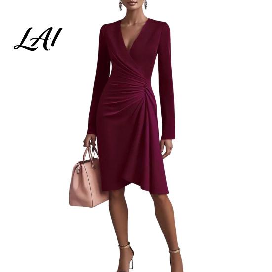 Formal Evening Dress for Dinner Solid Color Gown Dress Slim Fit Hip-Hugging Pleated Long Slimming Clubwear Sleeve V-Neck Midi Cocktail Party