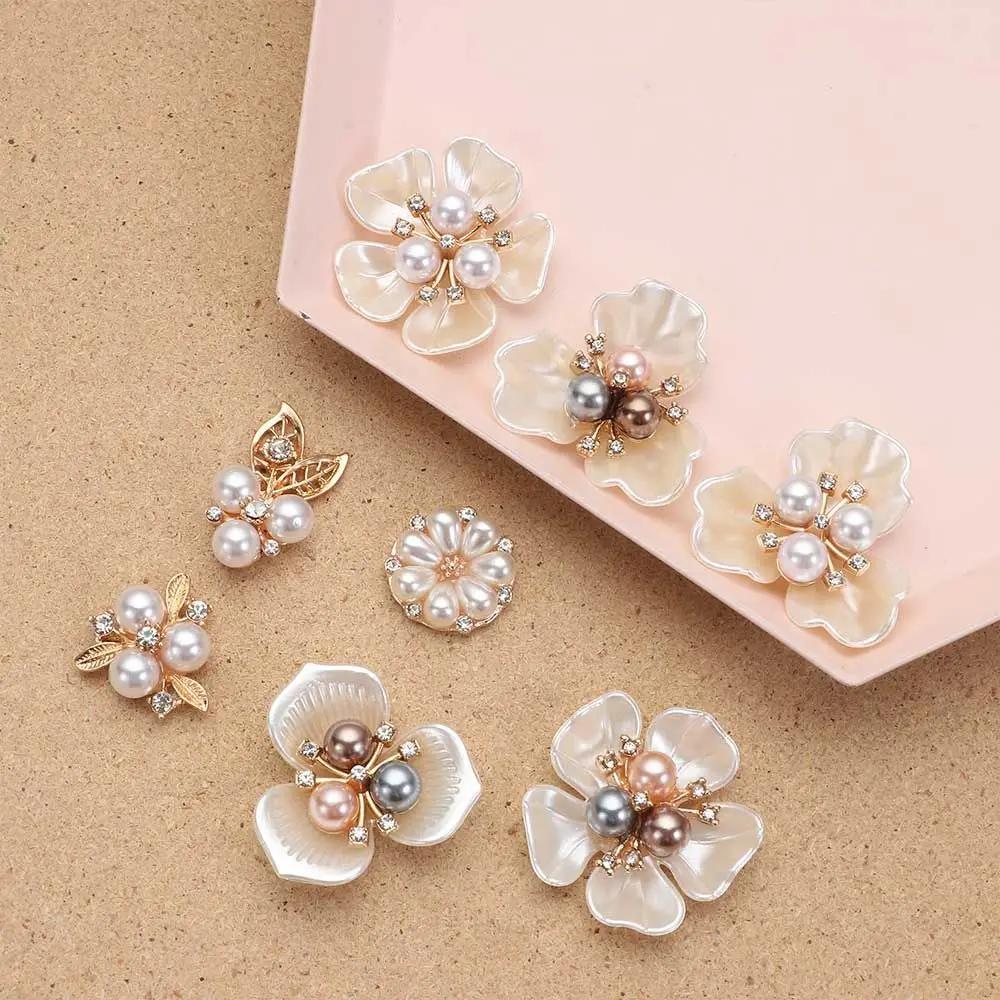 10PCS Pearl Flower Rhinestone Buttons Sparkling Crystal Hairpins Decoration Clothes Sewing Accessories