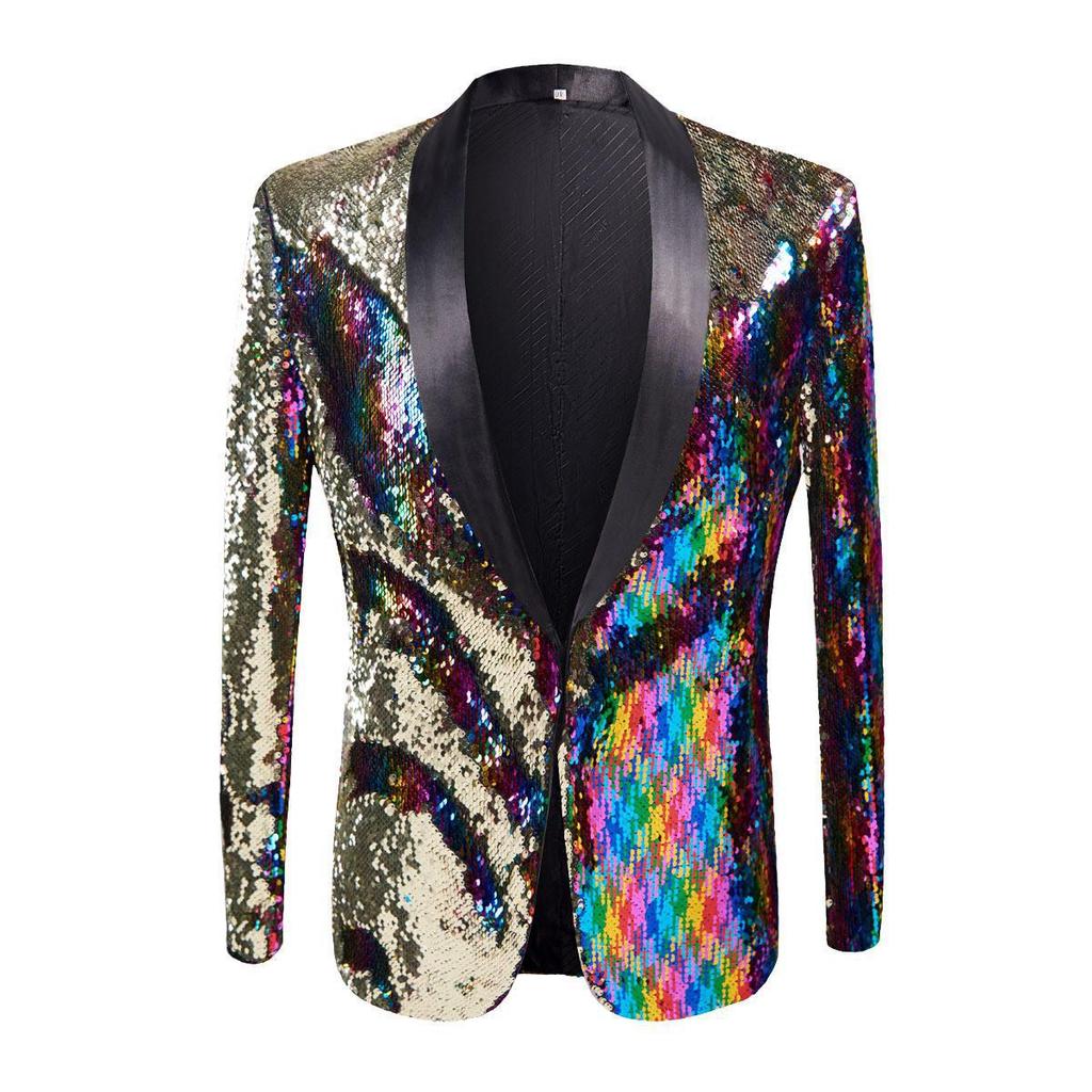 Mens Colorful Gold Double-sided Sequin Suit Jacket Shiny Blazer