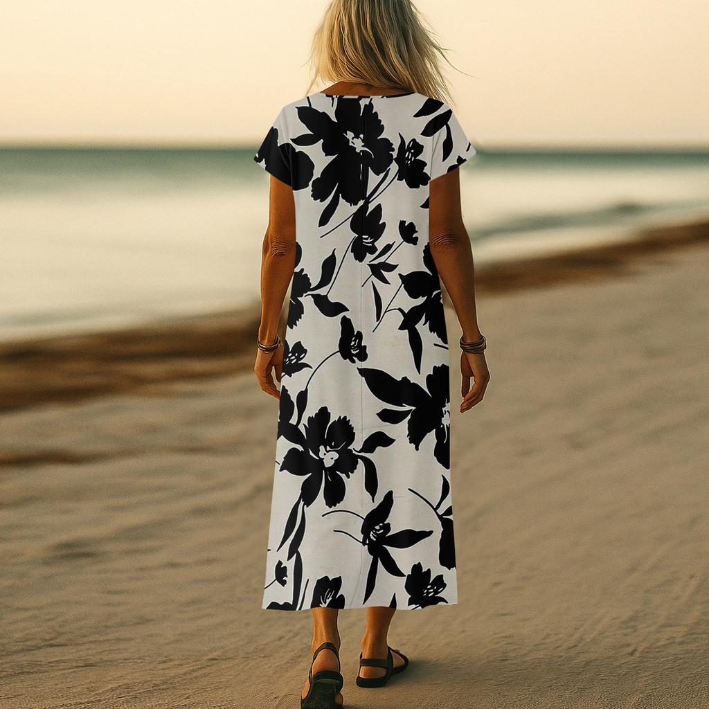 Летнее платье Женское длинное платье бохо для пляжа Элегантное платье макси V-образный вырез Короткий рукав Летнее платье-туника Легкое воздушное