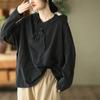 Johnature Vintage Personality Hooded Solid Color Loose Shirts Woman Autumn Casual Long Sleeves Shirts