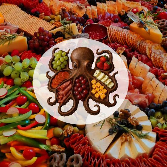 Octopus Charcuterie Board Seafood Serving Tray for Cheese Meats Fruits Ocean Themed Wood Food Platter for Gatherings
