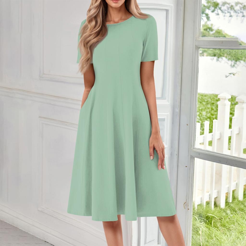 Женское повседневное и модное платье с круглым вырезом и коротким рукавом, однотонное, средней длины