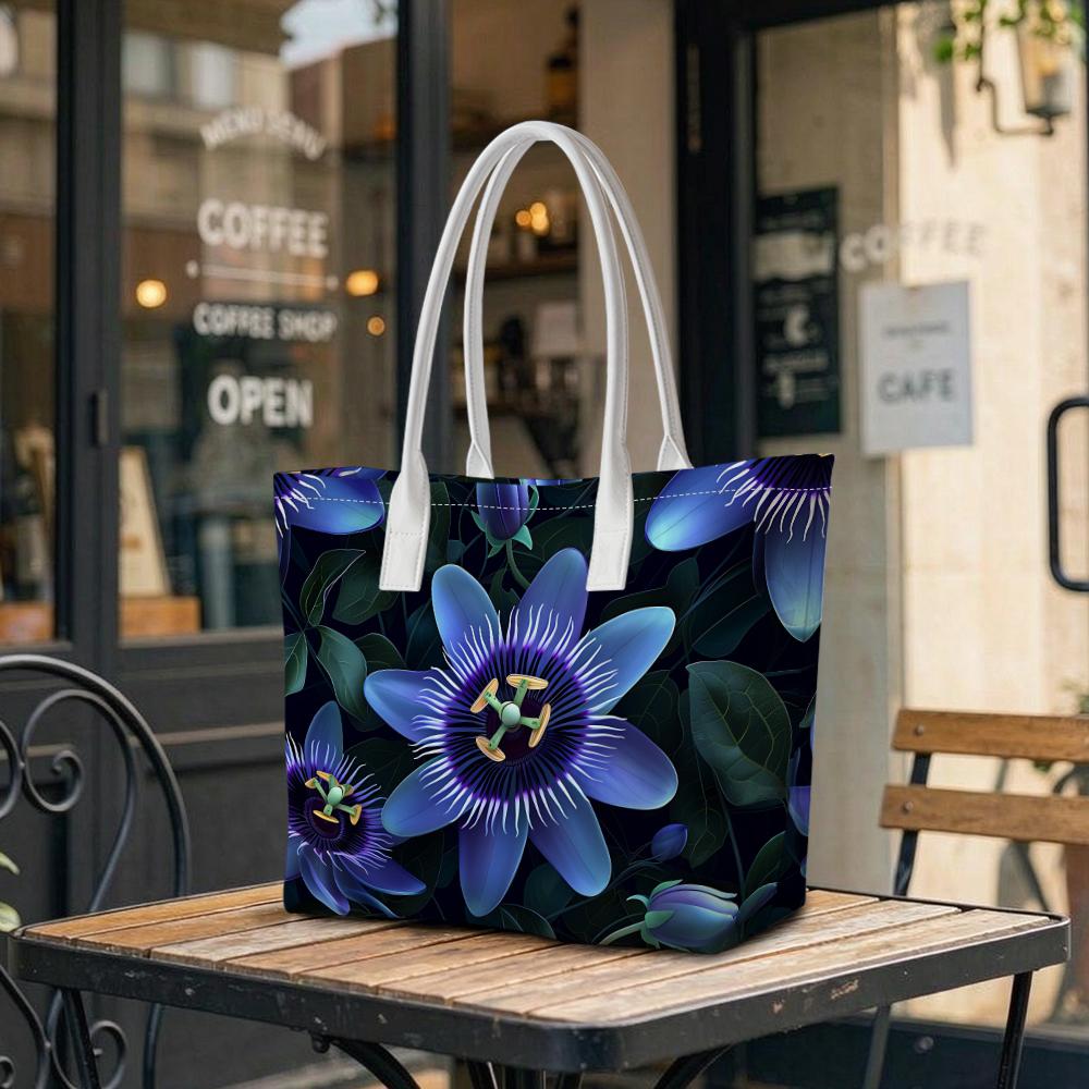 Blue Passion Flower Shoulder Bag Daily Use Portable Fashion Tote for Outdoor Shopping