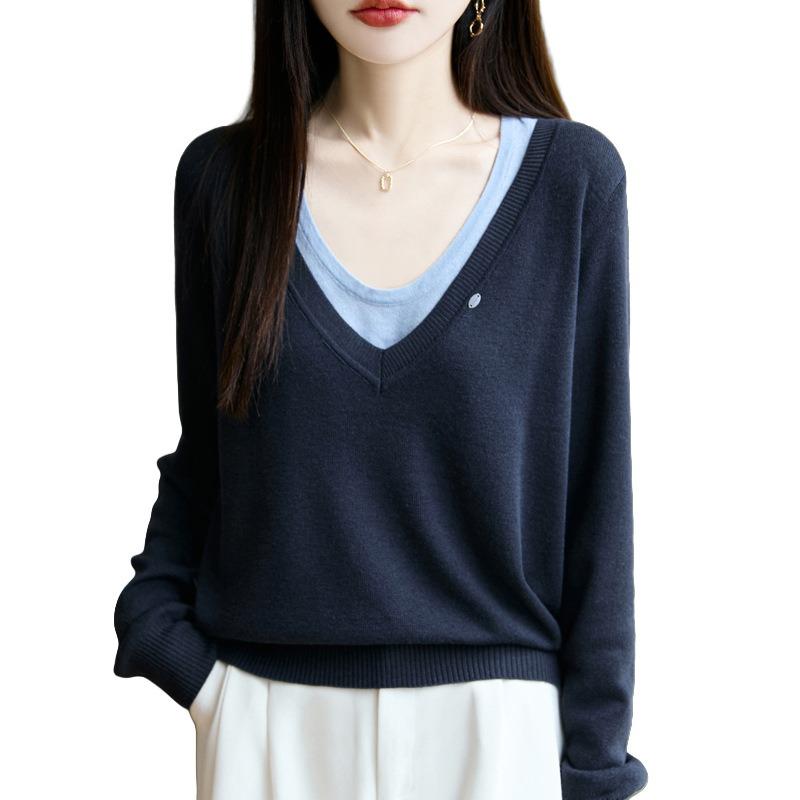 Women S V Neck Fake Two Piece Knit Sweater Long Sleeve Casual Top
